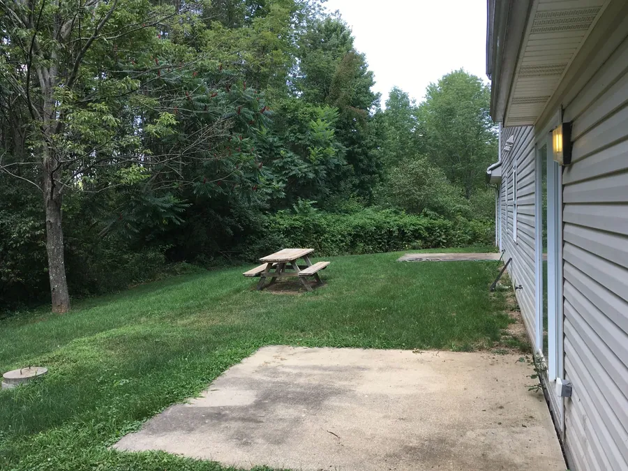Backyard patio and picnic table on a lawn bordered by mature trees