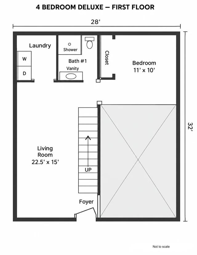 Deluxe first floor with a living room, laundry, bathroom, bedroom, foyer and stairs.