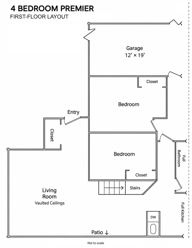 Premier first-floor layout showing two bedrooms, a living room, garage and stairs.