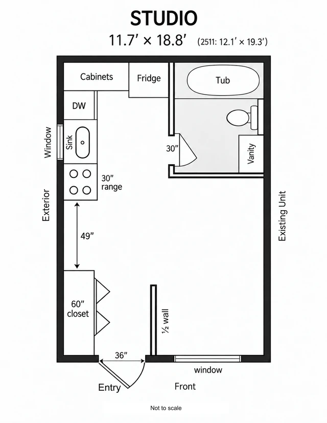 Studio layout with a kitchen along the left wall, bathroom at the upper right, closet and half wall beside the front entry.